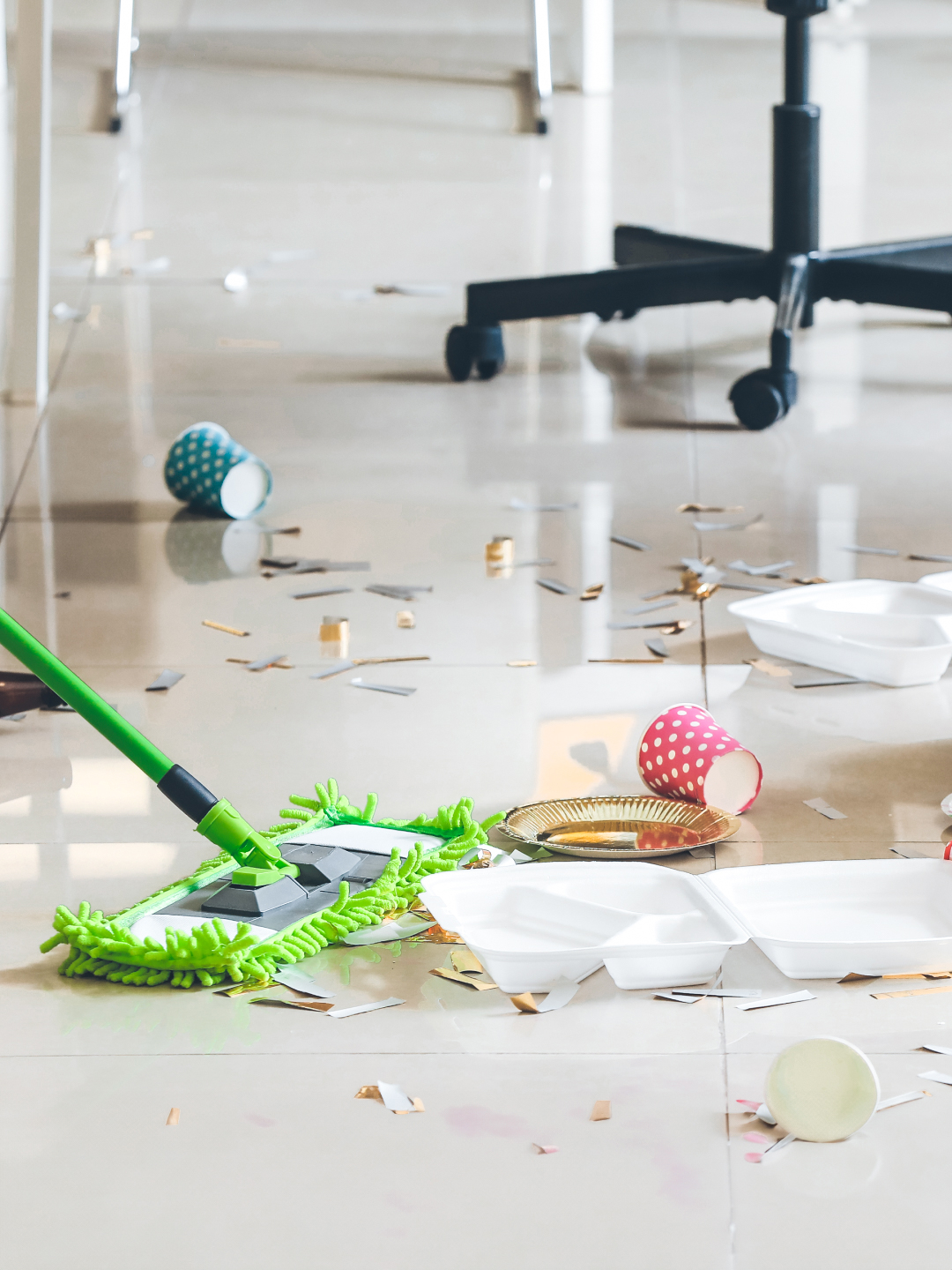 A messy floor with scattered confetti, paper plates, and cups, alongside a cleaning mop with a green head, indicating a recent celebration or event cleanup in progress.